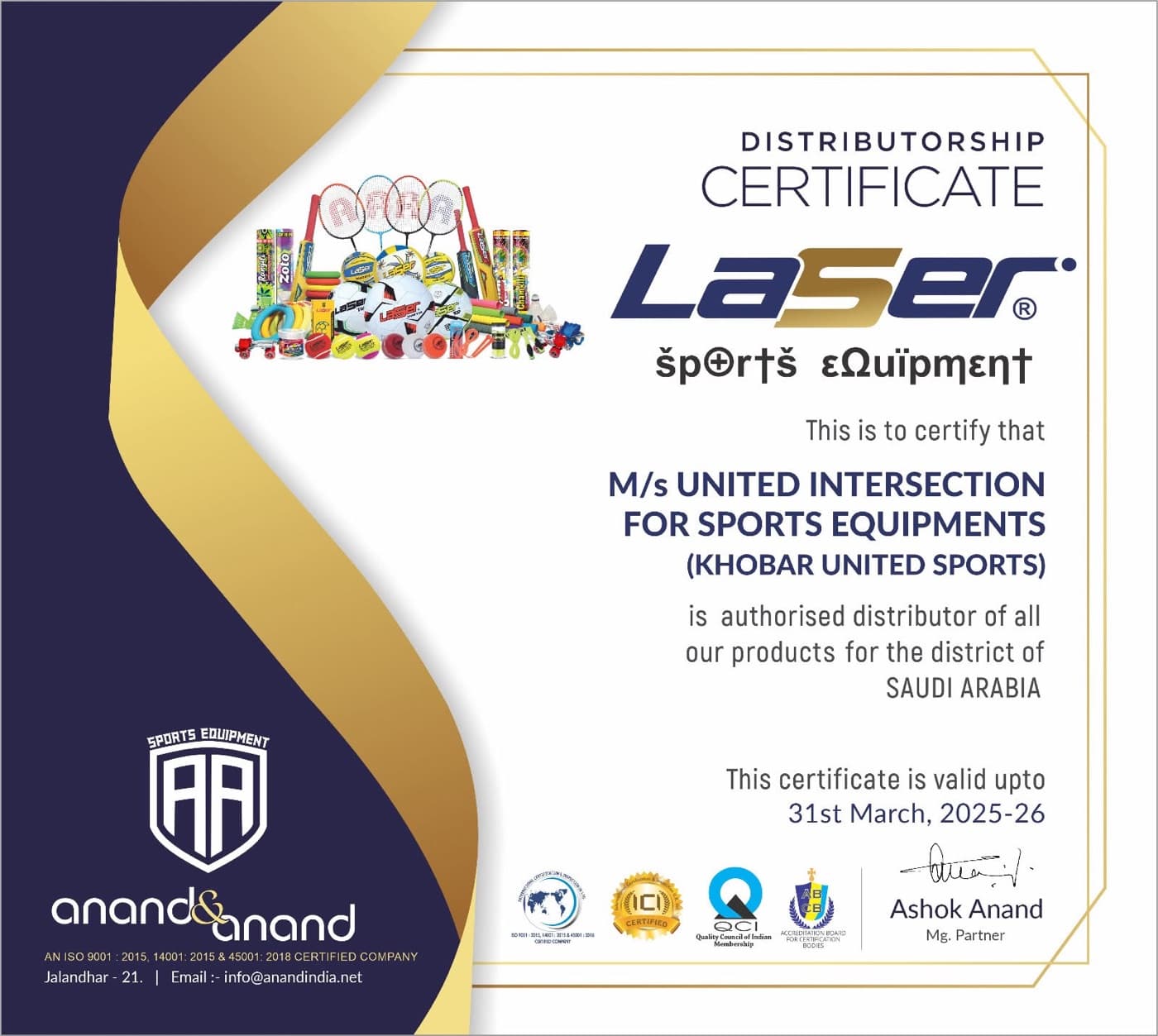 Laser Sports Equipment distributorship certificate awarded to Khobar United Sports