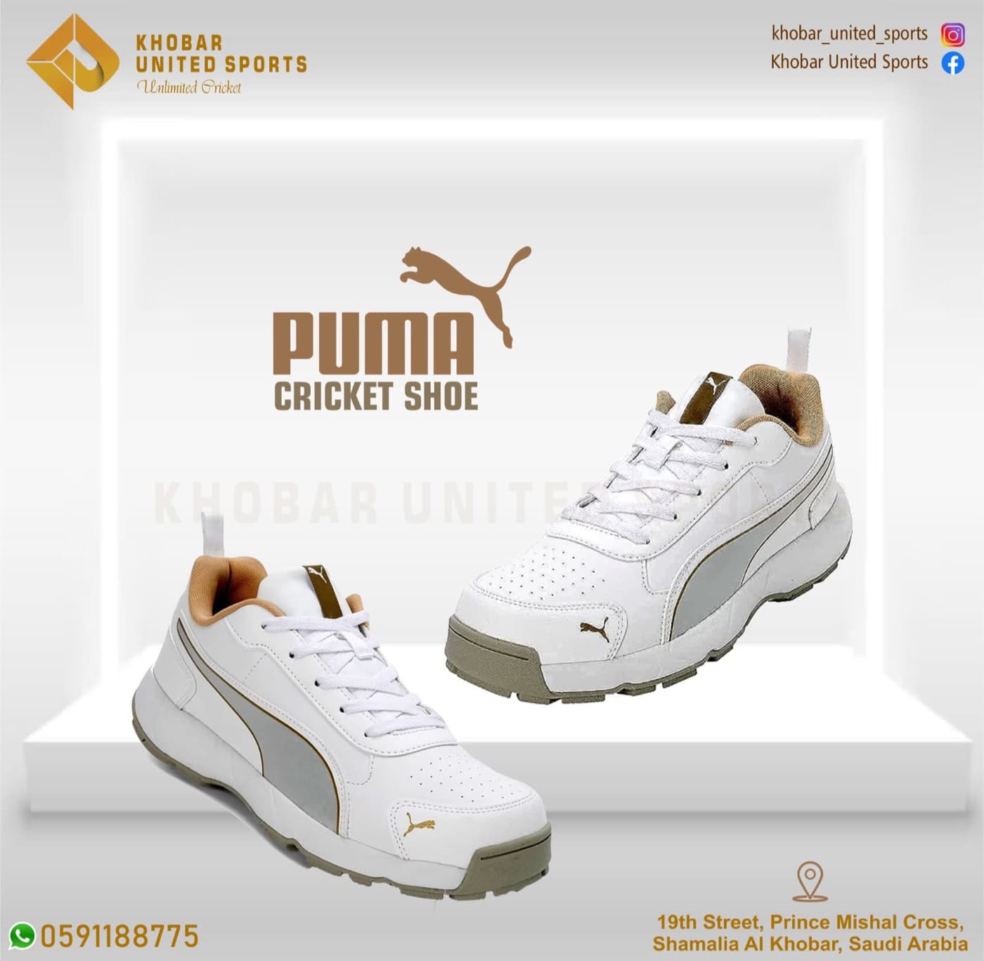 Puma cricket shoe in white and tan